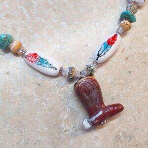 OOK Cowboy and Indian lampwork glass bead necklace